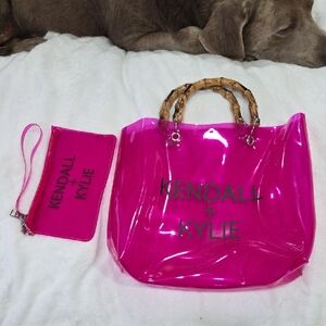 Kendall & Kylie Pink Glossy Tote Bag Bamboo Handles & Matching Wristlet
